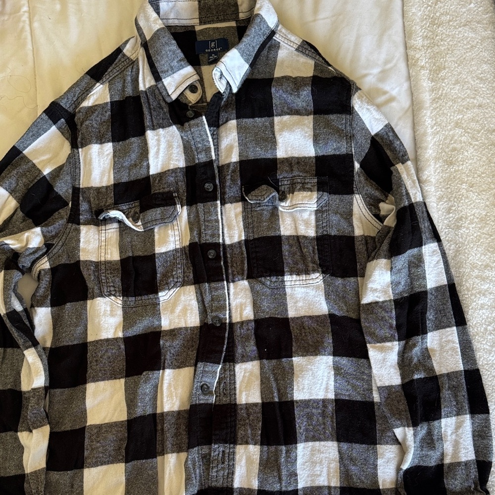 George Black and White Plaid Button-Down Shirt